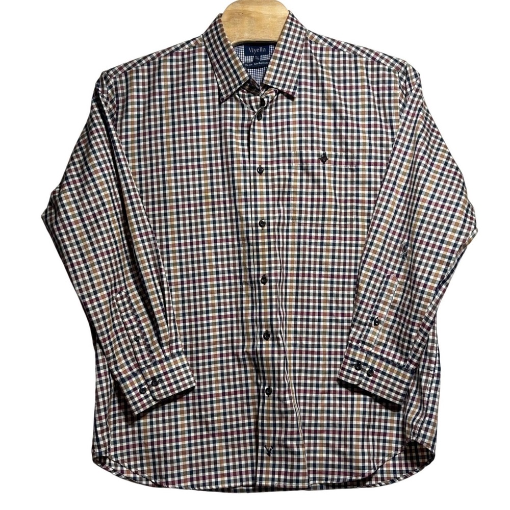 Viyella‎ Mens XXL No Iron Cotton Long Sleeve Button Down Shirt Tattersall Check
